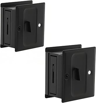 Privacy Sliding Door Lock with Pull, Solid Brass Pocket Door Privacy Lock, 2-3/4 x2-1/2 , for 1-3/8  Thickness Door, Matte Black, 2 Pack