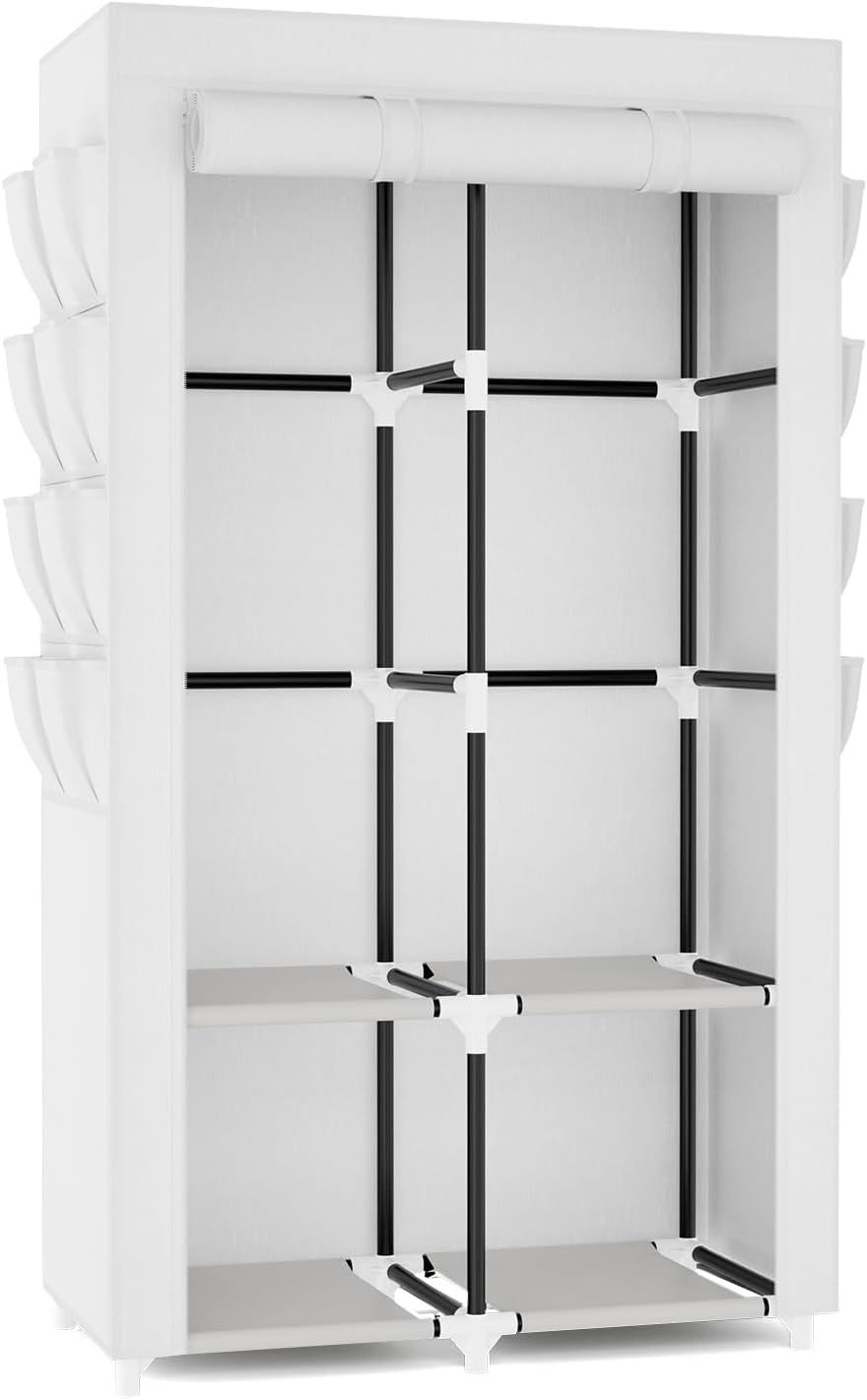 Portable Closet for Hanging Clothes, Portable Wardrobe Closet with Cover, 4 Storage Shelves, 2 Hanging Rods and 8 Side Pockets, Easy Assembly and Sturdy Free Standing Closet for Bedroom, White