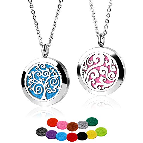 RoyAroma 2PCS Mini Cloud & Tree of Life Aromatherapy Essential Oil Diffuser Necklace Two Patterns Pendant Locket Jewelry,23.6