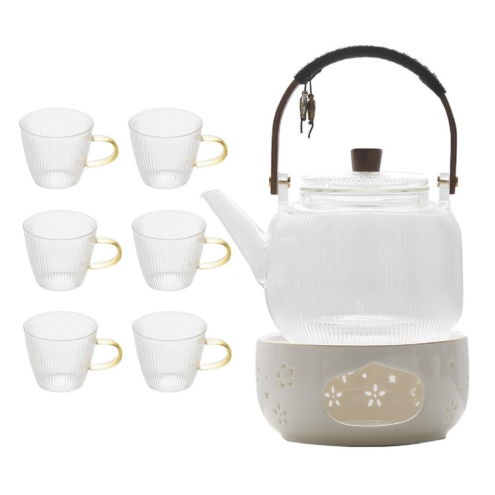 Żebrowany szklany zestaw do herbaty - 6 filiżanek i ceramiczny podgrzewacz | 900 ml szkło borokrzemowe, 6 filiżanek, podgrzewana podstawa, drewniany uchwyt