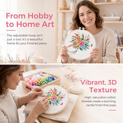 Image of Huacan Embroidery Kit for Beginners Flower Pattern Printed Fabric with Hoop & Full Tools