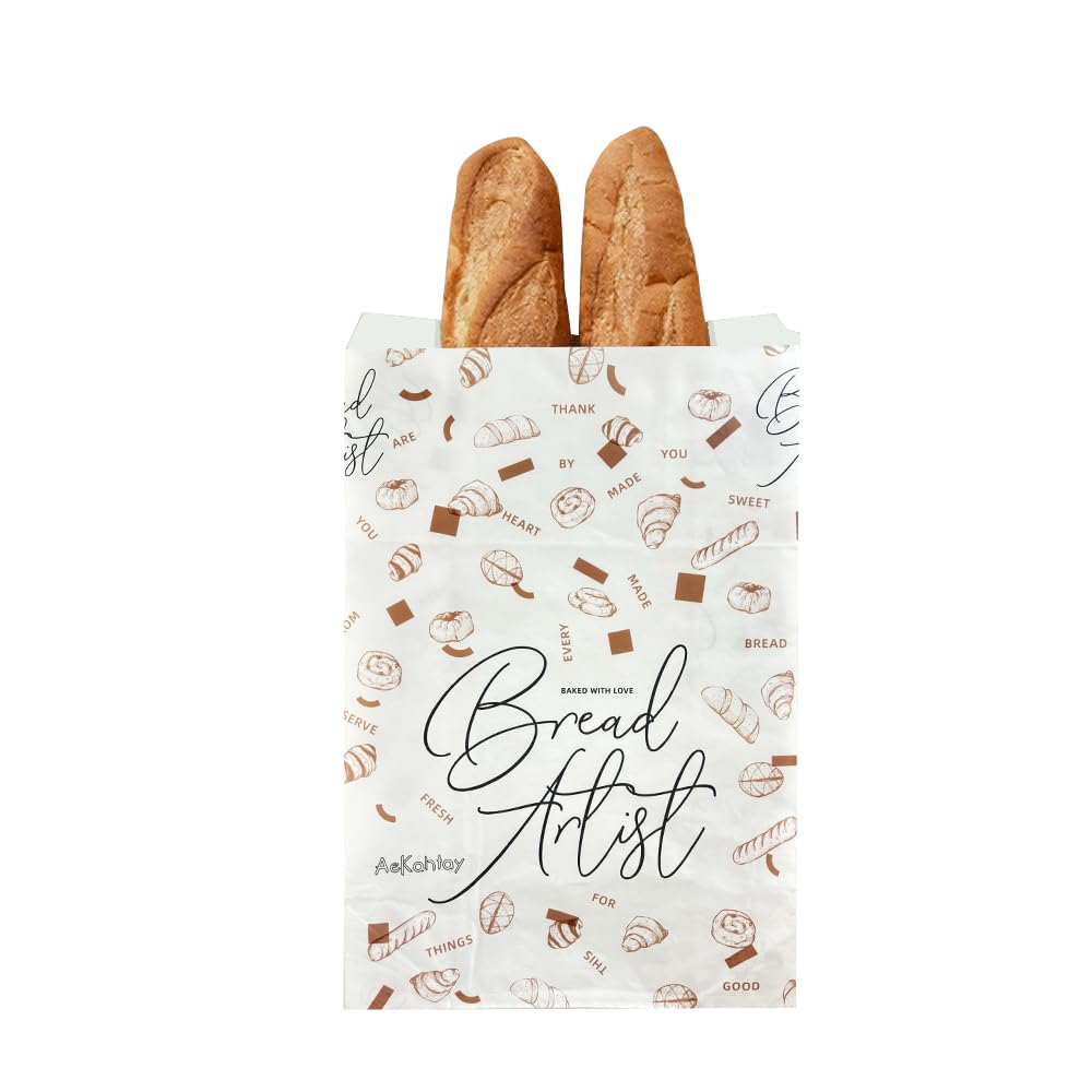 Paquete de 50 bolsas de pan de papel con ventana frontal, 13.8 x 9.5 x 4.3 pulgadas, grandes bolsas de pan de papel para pan casero, regalo con pegatinas