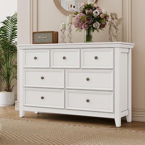 Image of BLANKSPACE White 7 Drawer Dresser, Modern Dresser for Bedroom, Wood Drawer Organizer with Metal Knobs, Large Capacity Wood Cabinet for Bedroom, Hallway