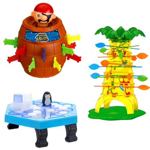 Kit 3 Jogos Barril Pula Pirata Infantil + Brinquedo Pinguim Numa Fria Quebra Gelo Criança + Jogo Pula Macaco Macaquinho