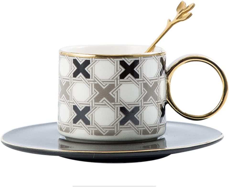 Hand Painted Geometric Ceramic Mugs With Gold Handle Handmade Cup And Saucer For Coffee Tea Milk Oatmeal Birthday Gift(D)