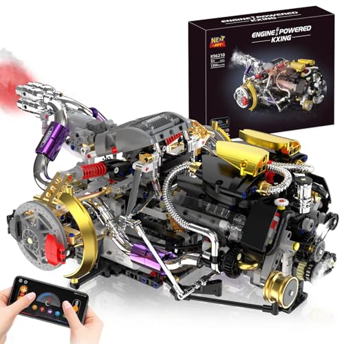 NEXTJOY V8 Engine Model Kit that Works, 1394 PCS Advanced Collectible Engine Building Block Sets with Lights & Spray, Exhibited Gift to Adults/Boys 8-14/Home Office Decor