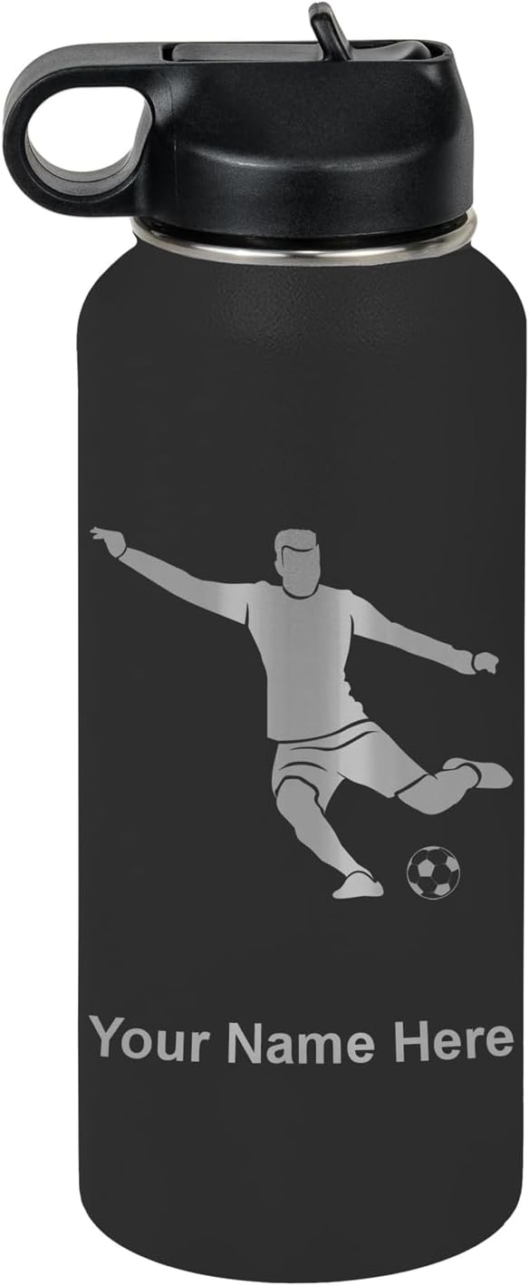 LaserGram Personalized Water Bottle, Soccer Player Man, Stainless Steel Double Wall Vacuum Insulated with Flip Top Straw, Custom Engraved Gift (32oz / 950ml Black)
