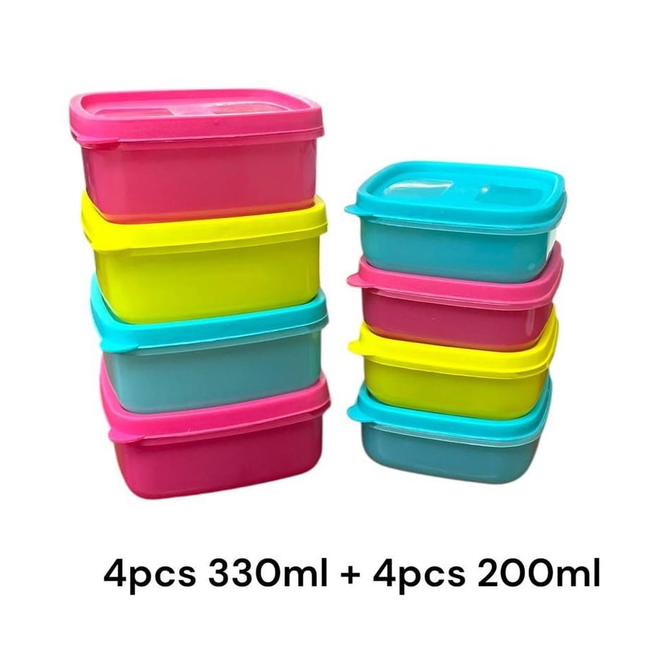 Image of C.S.M CSM Food Storage Containers, Square, Set of 8 (330ml x 4, 200ml x 4), Air Tight, BPA Free, Stackable, Multicolour