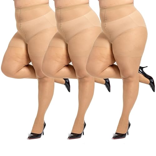 LADYFAN 3 Pairs Plus Size Women’s Sheer Tights 20D High Waist Control Top Pantyhose with Reinforced Toes - Nude - 3X-Large Plus