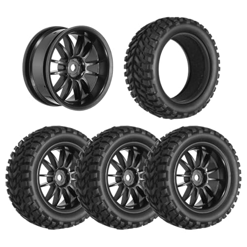 uxcell 4-Pair High-Grip RC Car Tire & Wheel Set for 1/10 Scale On-Road Touring Cars - Soft Rubber Tyres with 12mm Hubs, Black, Type E