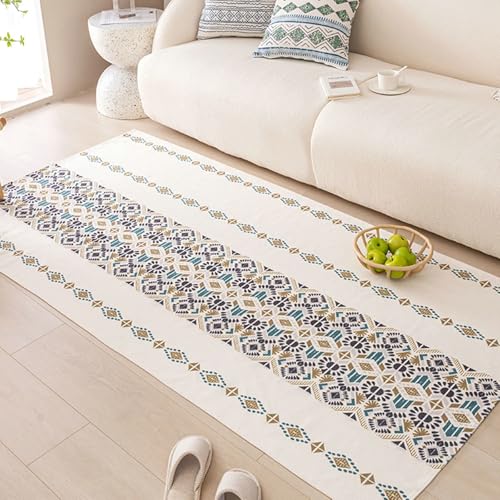 Homxi Outdoorteppich Boho Rechteckig 65 x 120 cm, Balkonteppich Leinen Baumwolle, Geometrisch Muster, Außenteppich Blau Grün Beige