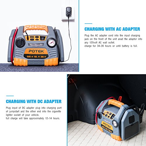POTEK Portable Power Source:1500 Peak/ 750 Instant Amps Jump Starter, 300W Inverter,150 PSI Air Compressor