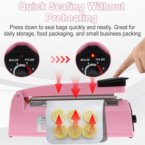 Image of 8 Inch Impulse Sealer, Manual Heat Sealer Machine for Mylar Bags, Shrink Wrap Bag Sealers Sealing Machine for Plastic PE PP Bags with 3 Free Replacements Kit Element Grip, Pink