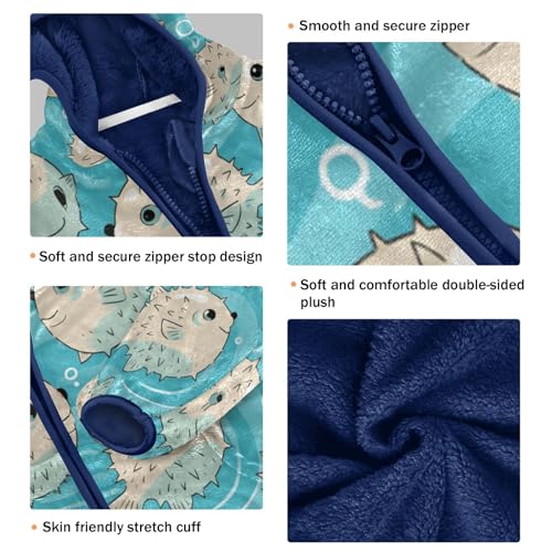 Pufferfish Blue Fish Pattern Toddler Fleece Jacket Girl Boys Hooded Fleece Jacket Coat Warm Outwear Zip-up 3-10T3
