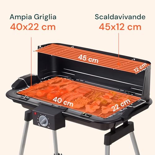 Zendea - Elektrogrill 2200 W mit Grillrost 40 x 22 cm und Warmhalteplatte 45 x 12 cm, ideal zum Grillen auf Balkon oder Terrasse, rauchfrei, gleichmäßiges Kochen, kompakt und leistungsstark