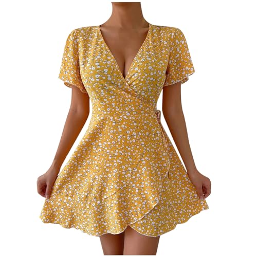 Keepink Boho Floral Summer Dress for Women, Short Sleeve V-Neck Wrap Dress with Waist Tie and Ruffle Mini Swing Style
