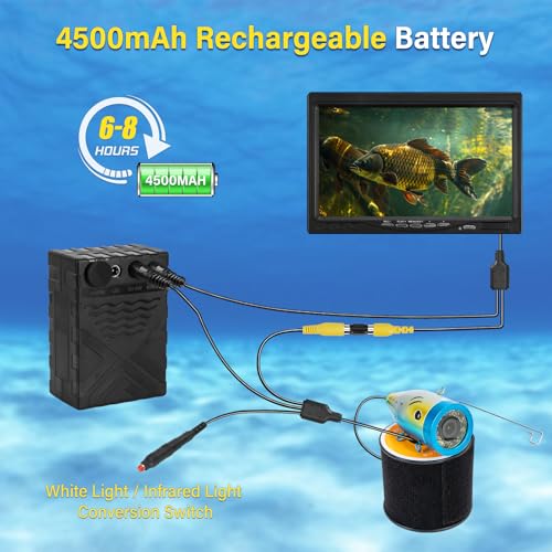 Image of Underwater Fishing Camera, 7 inch HD LCD Fish Finder 1200TVL Waterproof Fishing Camera IP68 with 36pcs Infrared White Dual Lights for Boat, Lake, Ice Fishing