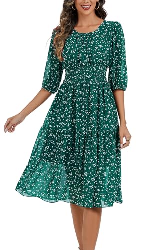 Image of Kormei Women Casual Boho Floral Round Neck 3 /4 Sleeve Smocked Waist Tiered A Line Flowy Swing Midi Dress Long Dresses