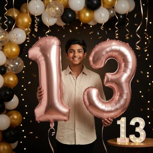 Image of Balloonistics Rose Gold 40-Inch Foil Number 13 Balloon with Matching LED Marquee Light - Combo Set for 13th Birthday Decoration, Anniversary, Party Backdrop, Cake Table Decor