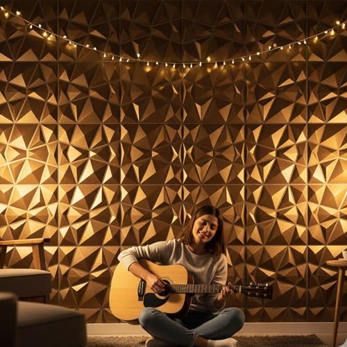 Image of Kayra Decor Wall Panels for Bedroom - PVC Diamond Design, Gold Color 19.7 inch X 19.7 inch (Pack of 12) - Covers 32.34 Sq. Ft.