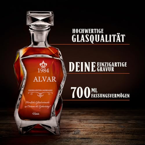 Foto von Maverton Whiskey Karaffe + 4/6er Whiskygläser Set mit Gravur - 700ml Whisky Dekanter - Vatertagsgeschenk Geschenk zum Geburtstag für Männer - Weihnachtsgeschenke - Guter Jahrgang