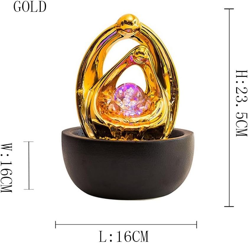 Tabletop Fountains Ceramic Small Desktop Fountain Creative Circulating Water Ornaments Decorative Modern Minimalist Relaxation Fountains(Gold)