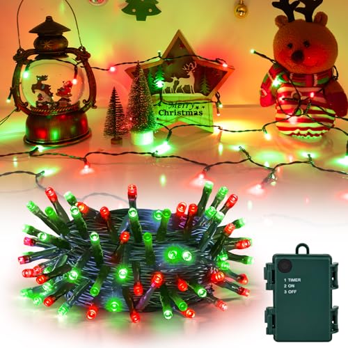 cshare Red and Green Christmas Lights Battery Operated Outdoor Waterproof Christmas String Lights with Timer 16.4ft 50LED Christmas Decorations Garland Party Garden