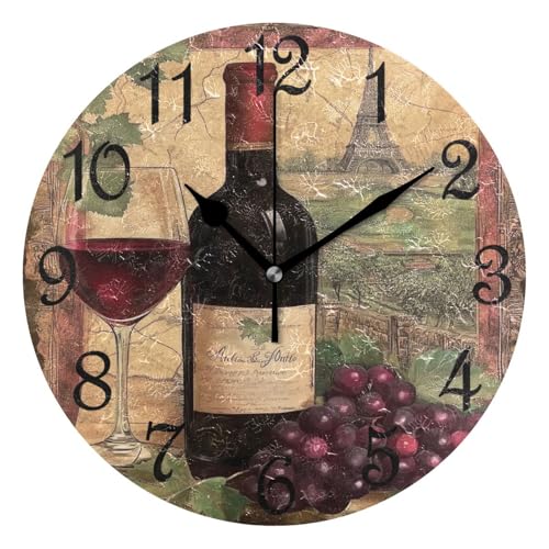 Red Wine Glass Leaf Grapes Pattern Round Wall Clock Silent Non Ticking Bathroom Clocks 10 Inch Battery Operated Clock for Kitchen Living Room Bedroom Home Decor