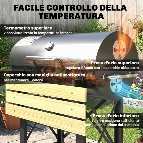 Outsunny Barbecue Carbonella Con Griglia Xxl, Carrello Bbq Barbecue Portatile Acciaio Con Coperchio, Ripiani Pieghevoli Legno, Termometro, Cassetto Cenere, Manico, Ruote, Per Giardino Campeggio, Nero - 6
