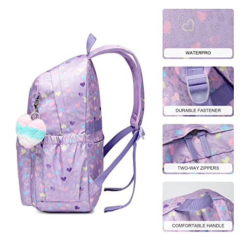 Kids Backpack Girls Light Purple Waterproof Large Space School Backpack Suitable For Age For Over 6 Years Old Lightweight Travel Cat Ear Heart Keychain Children Backpack（Light Purple Peach Heart） #TOP4