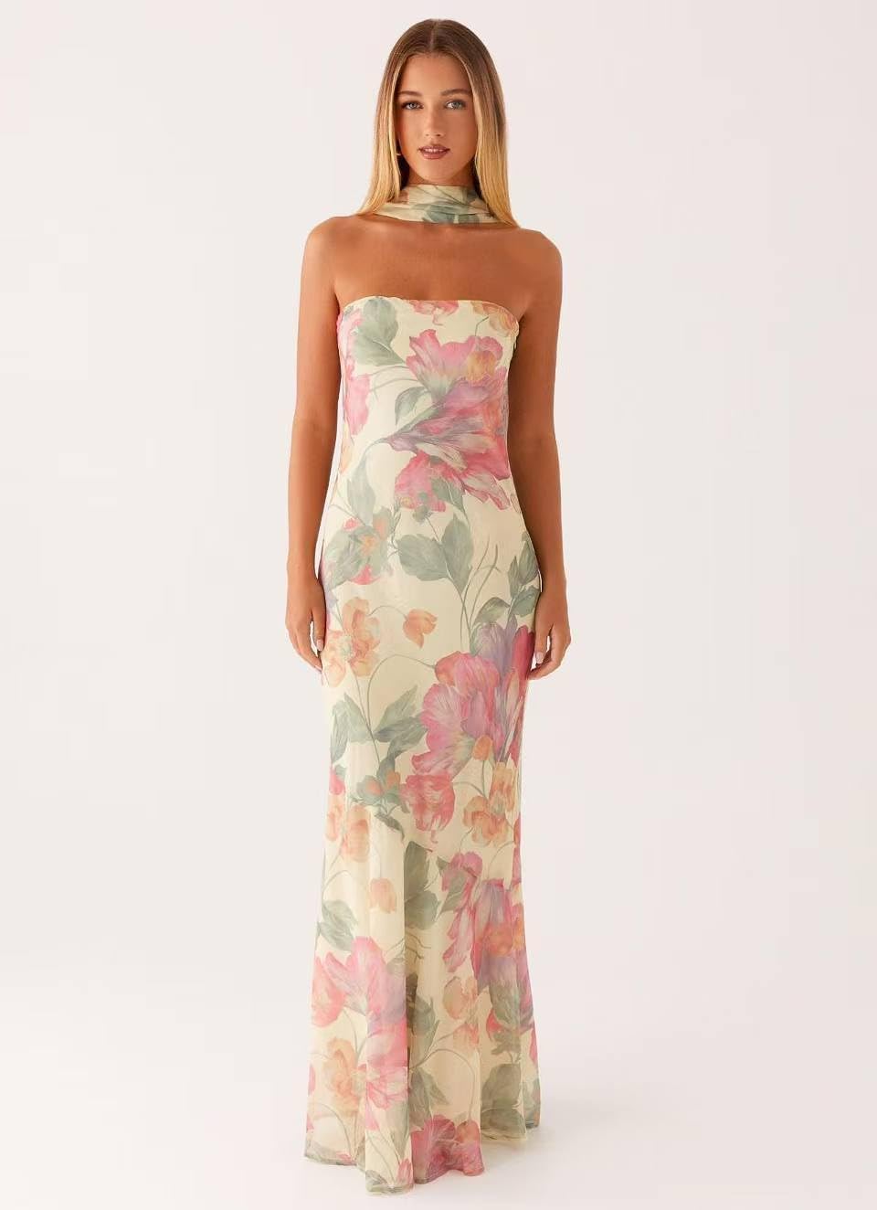Women's Floral Tube Maxi Dress with Scarf - Y2k Strapless Bodycon Long Dress, Mesh Formal Cocktail Sundress - Image 5