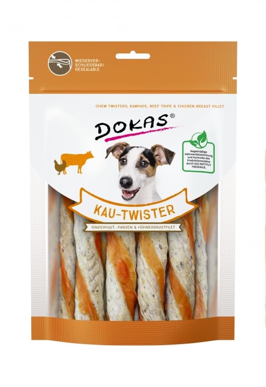 DOKAS Twister de Piel de Vaca, Tripas y pechuga 9 x 200 gr Alimento para Perros (Pollo)