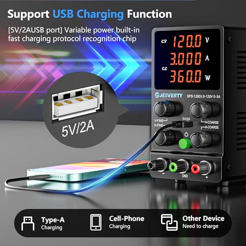 Image of Variable DC Power Supply, 120V 3A Adjustable Switching DC Bench Linear Power Supply with High Accuracy 4-Digit LED Display, 5V /2A USB Port, Coarse and Fine Settings