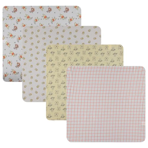 Image of Disney Baby 4-Pack Receiving Blankets — 100% Cotton Flannel, 28" x 28" — Available in Mickey, Minnie, Pooh, Stitch or Angel — Soft Swaddle, Burp & Stroller Blankets — Gift-Ready with Ribbon Bow