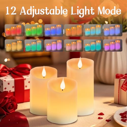 Image of LEDHOLYT Flameless Candle RGB Set, Flickering LED Pillar Real Wax Candle with Remote Control and Timer, Upgraded Blue Flame Heart, Built-in Battery Rechargeable Flameless Candle, 1 Set of 3