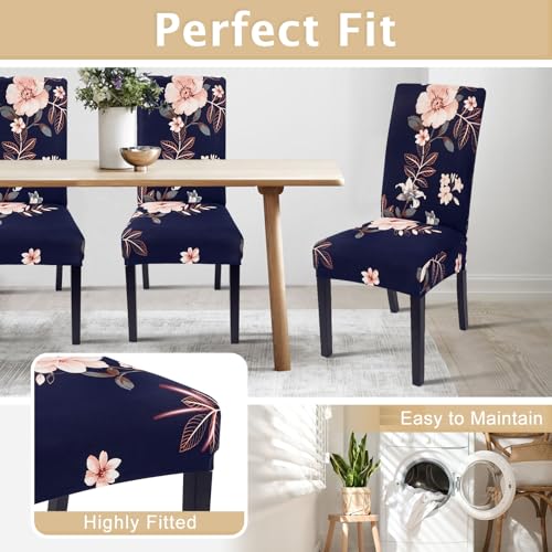 Image of SearchI Chair Covers, Set of 6, Spandex Super Fit Stretch Removable Washable Kitchen Parsons Chair Protector for Dining Room,Hotel,Ceremony, Navy+Flowers