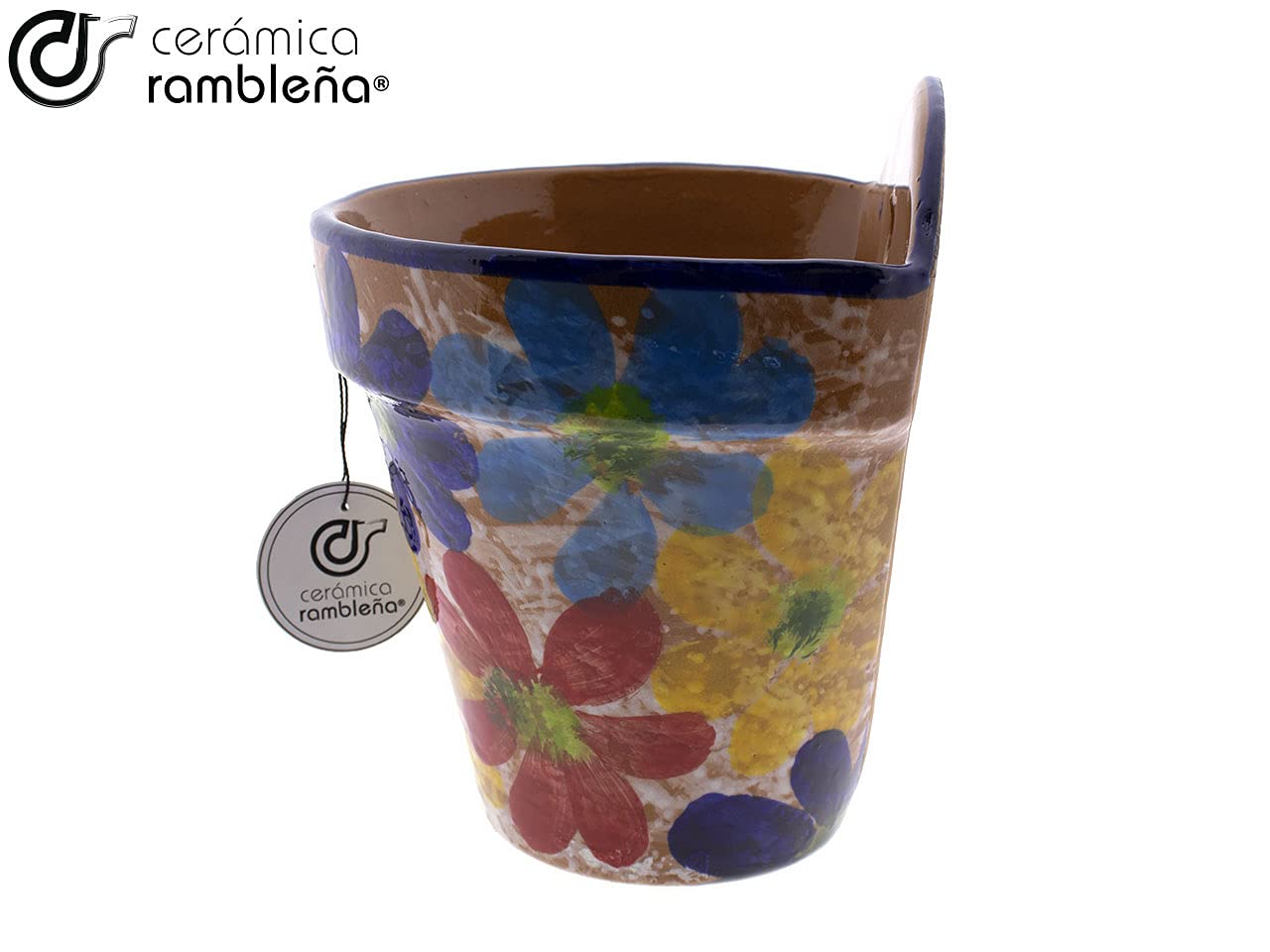 CERÁMICA RAMBLEÑA | Maceta Colgante Pileta | Maceta de Barro para Colgar | Maceta Pared Patios de Córdoba Primavera | 100% Decorada a Mano | 19x17x21 cm