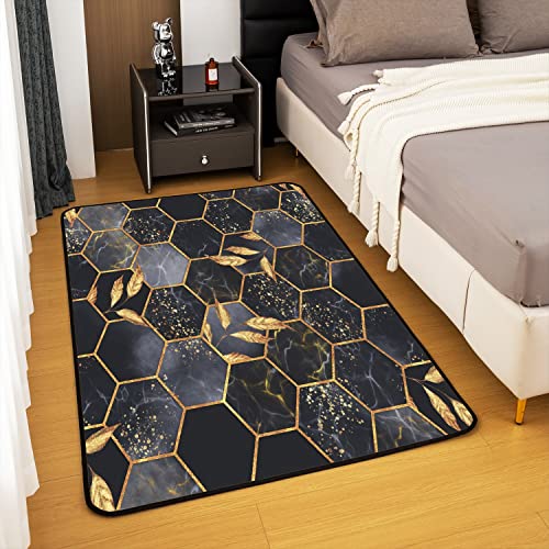 Loussiesd Honeycomb 150x200 Living Room Rugs Boys Girls Black Marble Area Rug For Kids Modern Marble Aesthetic Decorative Carpet Set Geometrical Gold Black Indoor Floor Mat - Image 4