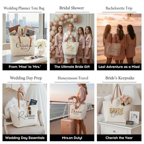 Image of ELEGANTPARK Personalized Bride Tote Bag with Zipper - Custom Engagement Gift for Bride to Be - Large Canvas Wedding Planning Bag - Bachelorette Party & Honeymoon Beach Tote - Bridal Shower Keepsake