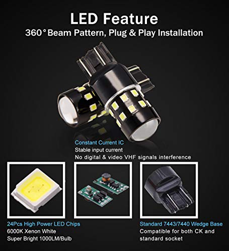 BRISHINE Super Bright 7443 7440 7444 7441 W21W T20 LED Bulbs Xenon White 24-SMD LED Chipsets with Projector for Backup Reverse Lights, Brake Tail Lights, Parking/Daytime Running Lights(Pack of 2)