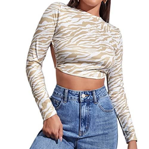T-Shirt Oberteil Damen Shirt Sexy Gestreiftes Langarm-T-Shirt Mit Offenem Rücken Zum Schnüren,Light Khaki,S Cover