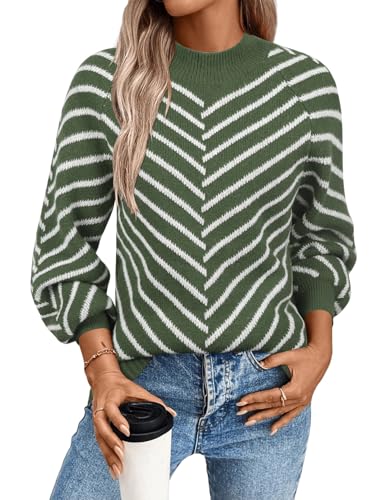 Theenkoln Women Striped Fall Sweater:Crew Neck Long Sleeve Color Block Casual Loose Pullover Knit Tops Amy Green