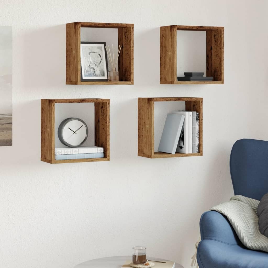 vidaXL Wandregal 4 STK., Würfelregal mit Stauraum Wandmontage, Hängeregal Schweberegal für Wohnzimmer, Cube CD Regal, Altholz-Optik Holzwerkstoff