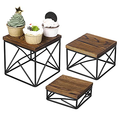 Mygift Modern Tabletop Square Dessert Stand Risers, Cake And Appetizer Display Nesting Pedestals With Rustic Brown Wood Top Shelf And Metal Wire Base, Set Of 3 #TOP22