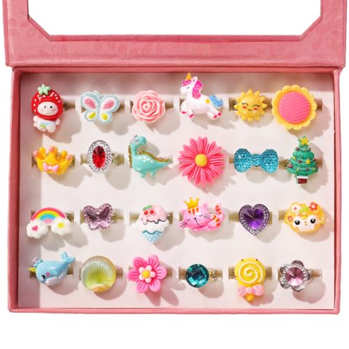 Image of PinkSheep Little Girl Jewel Rings in Box, Adjustable, No Duplication, Girl Pretend Play and Dress Up Rings (24 Lovely Ring)