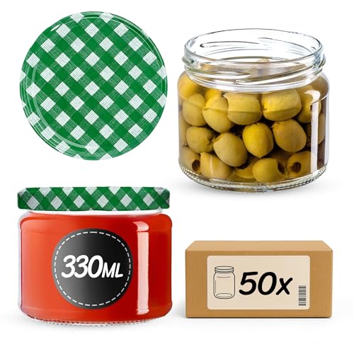 KADAX 50er Set Marmeladengläser 330ml TO82 Grün kariert, Einmachgläser Vorratsgläser Mason Jar mit Schraubdeckel, Luftdichte Schraubgläser… – Ansicht 1
