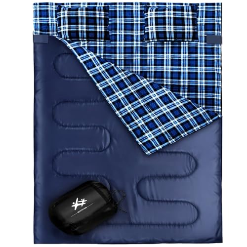 BESTEAM Saco de dormir doble de franela para adultos y niños, tamaño Queen para 2 personas con 2 almohadas, saco de dormir para clima cálido y frío, para camping, senderismo, impermeable, ligero con