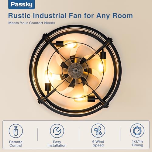 Image of Passky 20 inch Farmhouse Flush Mount Ceiling Fans with Lights and Remote, Industrial Black Caged Low Profile Fandelier, 6 Speeds Bladeless Ceiling Fan for Bedroom, Kitchen, Living Room
