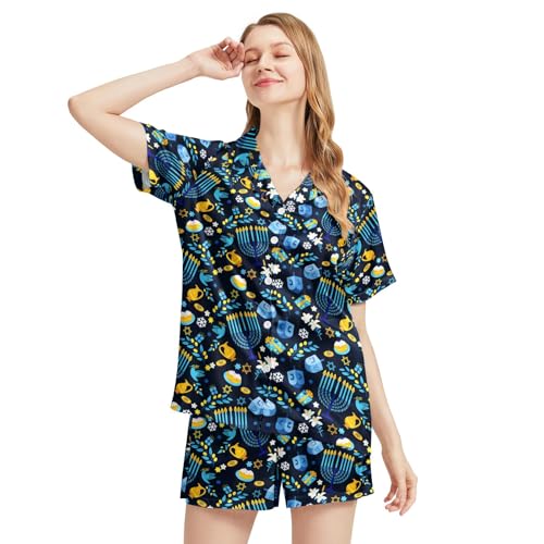 Image of Funny Satin Pajamas Set for Women Button Down Sleepwear Print Pjs Set 2 Piece Short Sleeve Loungewear Gift for Women