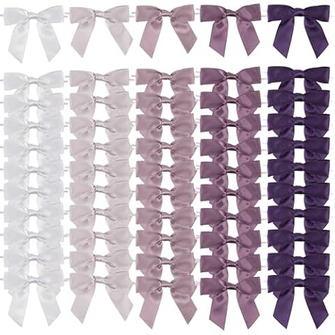 AIMUDI 5 Colors Lilac Twist Tie Bows 3.5" Premade Purple Satin Ribbon Bows for Gift Wrapping Pre-Tied Treat Bows for Wedding Decor, Bridal Shower, Baby Shower, Party Favors - 50 Counts Cover